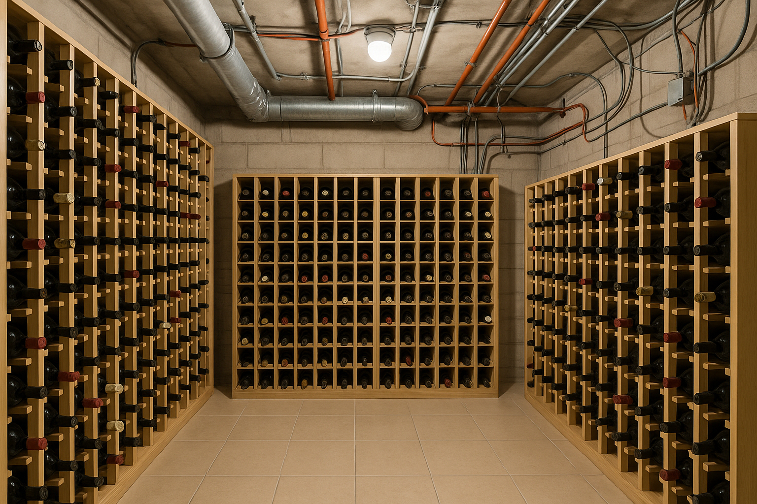 Cave à vin bien éclairée avec isolation incorrecte et tuyaux visibles