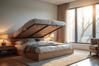 Chambre moderne avec lit de rangement ouvert et lumière naturelle