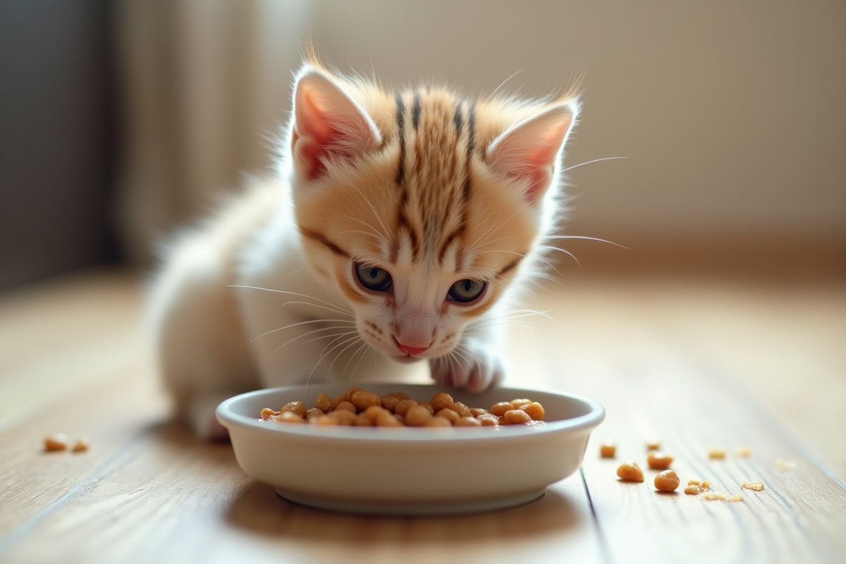 Chaton curieux découvrant sa nourriture sur le sol en bois clair