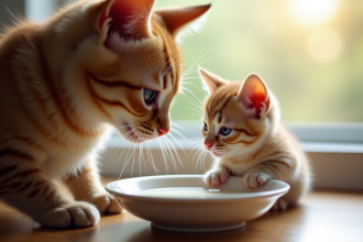 Chaton buvant du lait avec sa mère dans la lumière naturelle