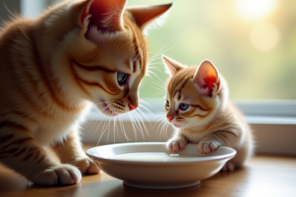Chaton buvant du lait avec sa mère dans la lumière naturelle