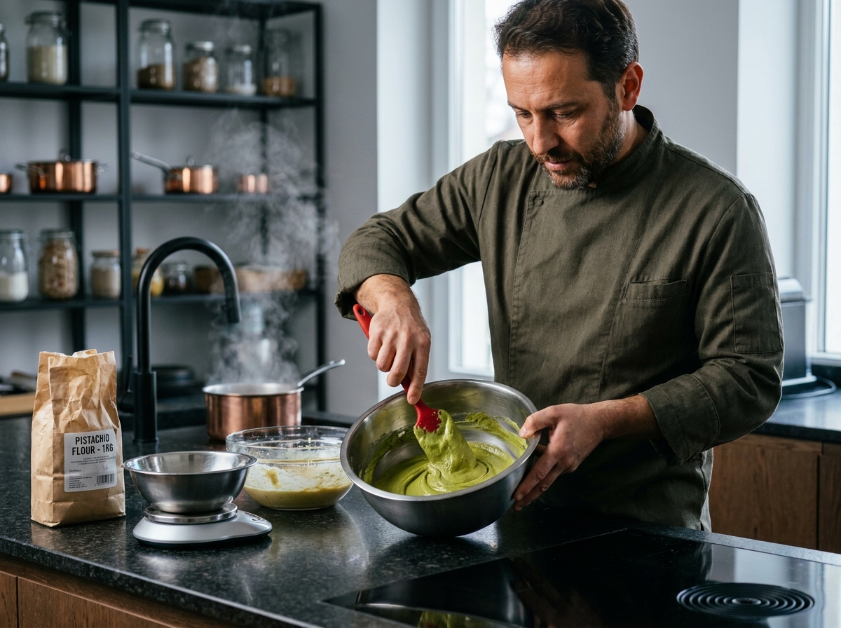 Chef cuisinant avec de la crème de pistache dans un bol, dans une cuisine moderne au style professionnel