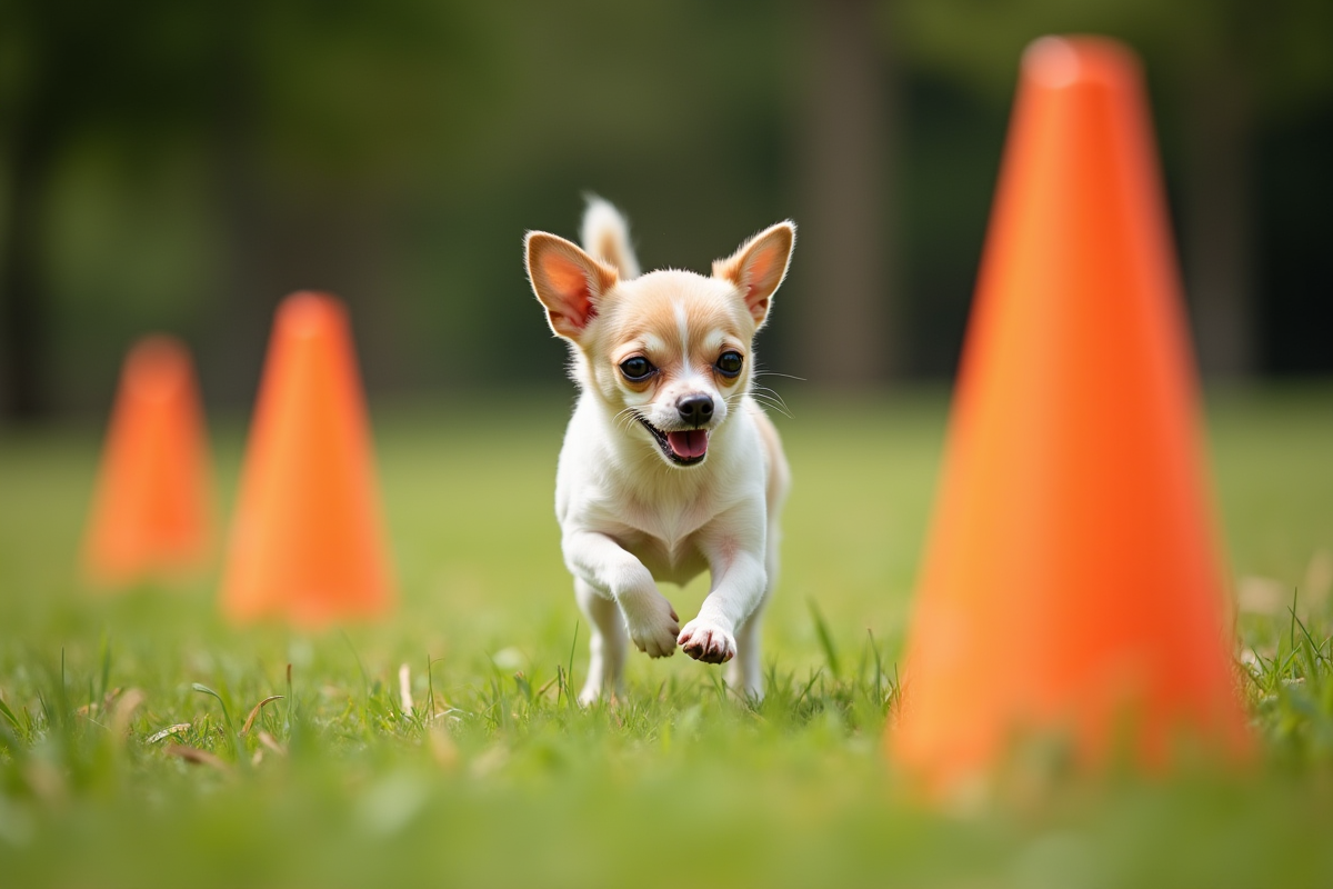 Chihuahua courant dans un parc avec des cônes d