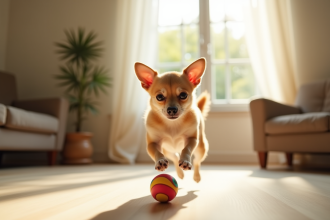 Chihuahua à poil court sautant pour attraper une balle colorée dans un salon lumineux
