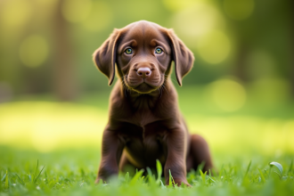 Chiot labrador chocolat assis dans un parc vert