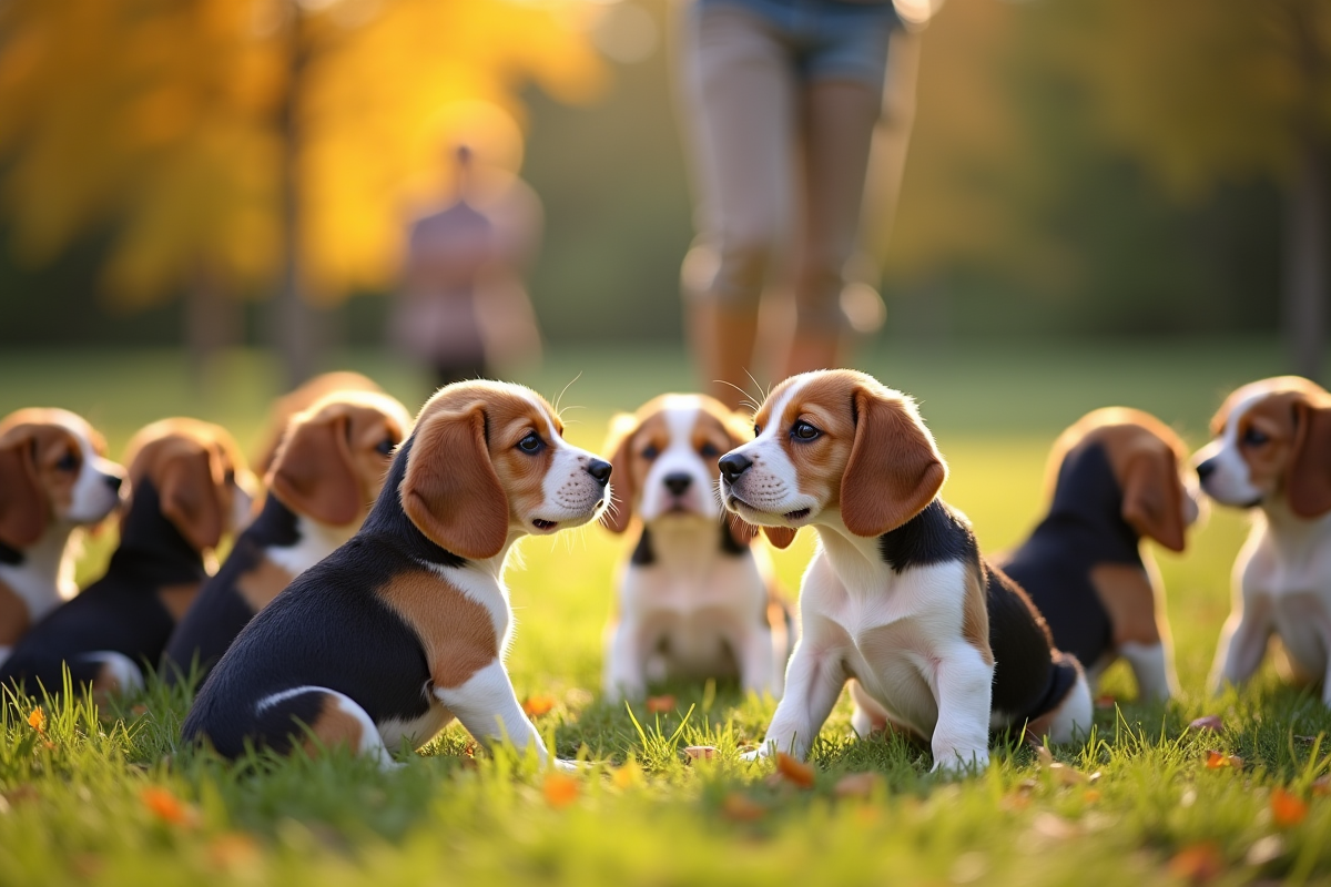 Jeune groupe de beagle regardant une femme en extérieur