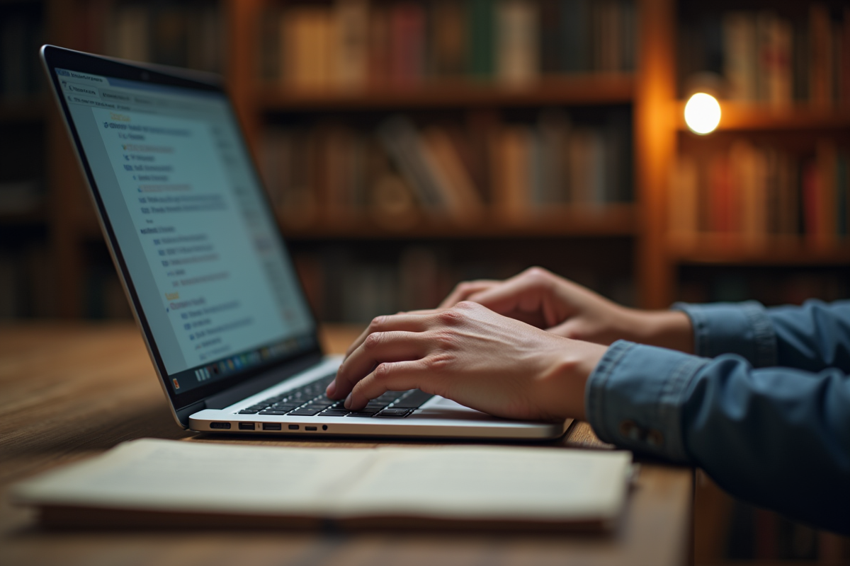 Mains tapant un email académique sur un ordinateur portable
