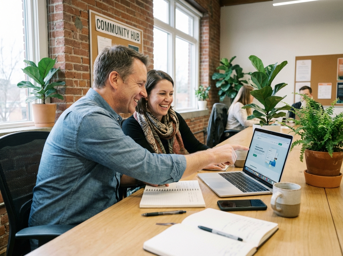 Deux entrepreneurs collaborent dans un bureau avec plantes et décor