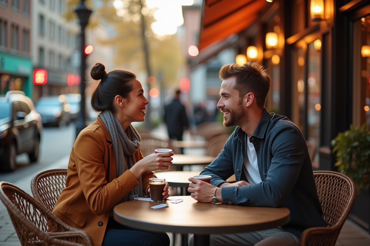 Une femme et un homme discutant au café en ville en journée