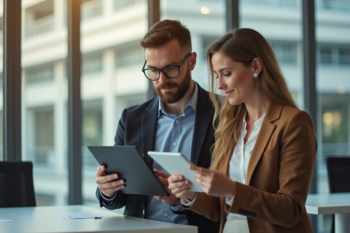 Deux professionnels collaborant avec des tablettes numériques dans un bureau moderne