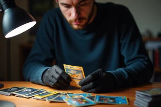Collectionneur de cartes Couronne Stellaire examinant une carte holographique rare avec des gants de protection