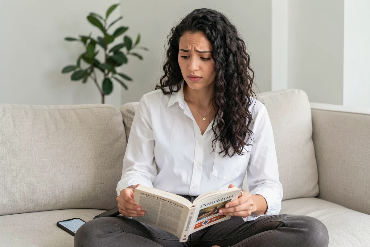 Jeune femme comparant un dictionnaire papier et une application de dictionnaire sur smartphone pour vérifier l'orthographe d'un mot