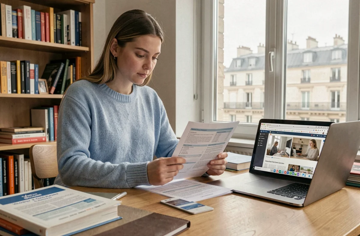 Jeune femme comparant les garanties et tarifs d'une mutuelle santé à son bureau à domicile