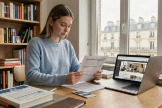 Jeune femme comparant les garanties et tarifs d'une mutuelle santé à son bureau à domicile