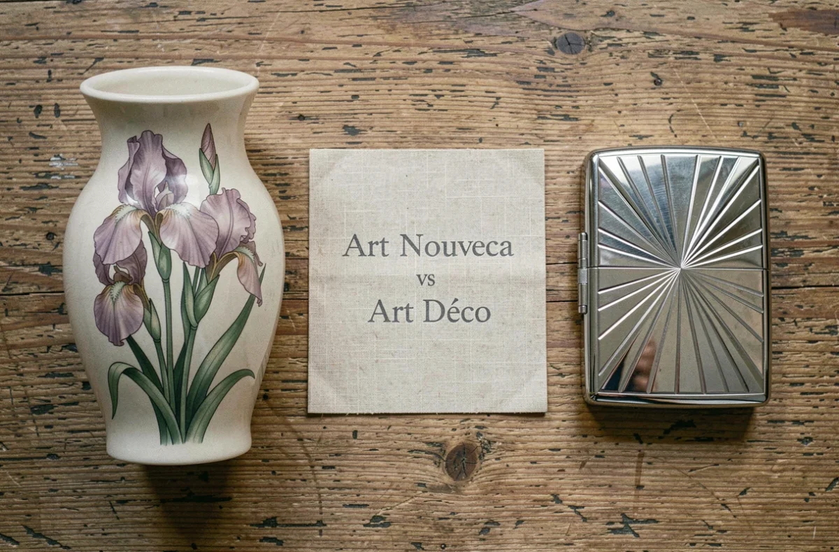 Comparaison flat lay d'objets Art nouveau et Art déco côte à côte sur table en chêne : vase en céramique floral et étui chromé géométrique