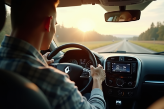 Conducteur inquiet dans une Renault regardant le tableau de bord