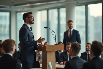 Professionnel confiant parlant au public en bureau moderne