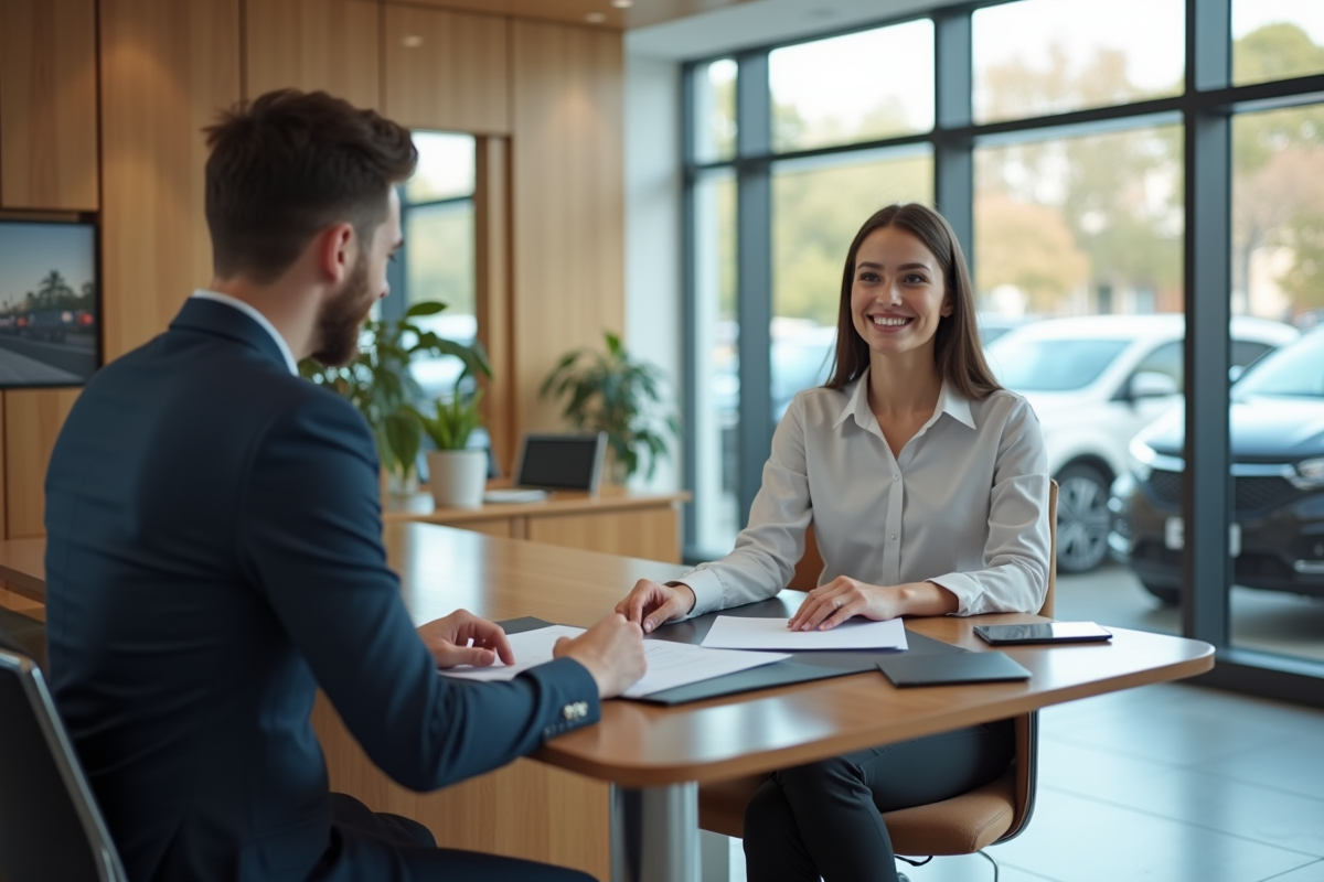 Jeune conseillère commerciale discutant avec un client dans un bureau