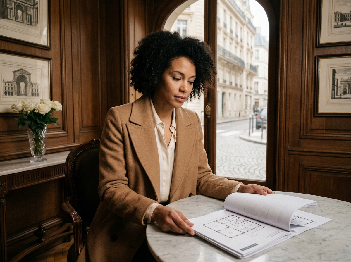 Femme élégante consultant des documents immobiliers dans une agence de luxe parisienne, illustrant un processus d'achat haut de gamme sans précipitation