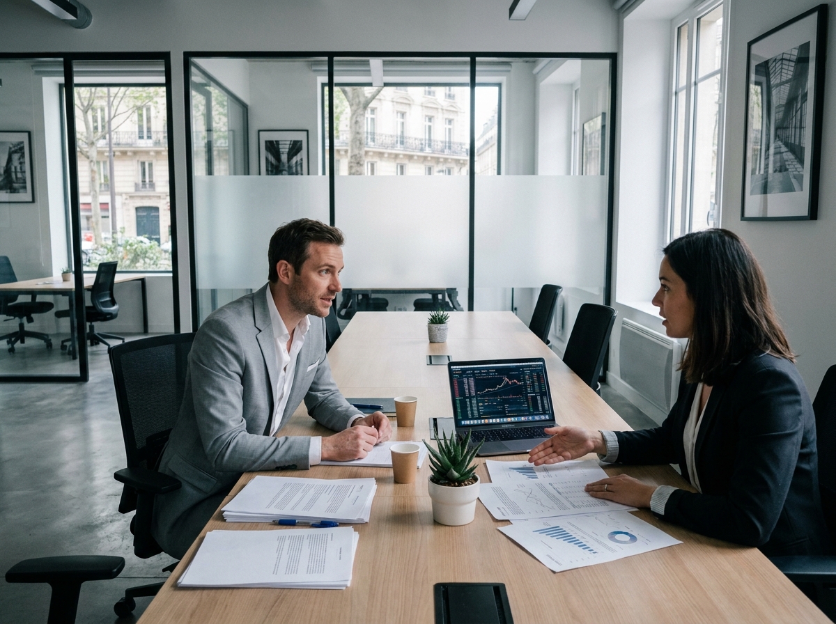 Consultation comptable entre un professionnel libéral et son expert-comptable dans un cabinet moderne du 16e arrondissement