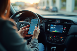 Personne vérifiant le numéro VIN sur un tableau de bord moderne avec smartphone
