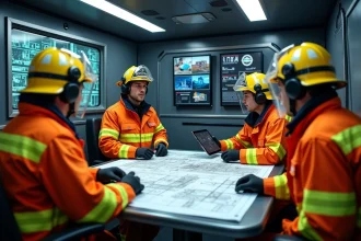 Pompiers en tenue de protection réunis autour d'une table de commandement tactique dans une unité mobile de coordination IRIS incendie