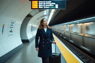 Femme en manteau marine consultant le tableau des correspondances dans une station de métro parisienne moderne avec RER