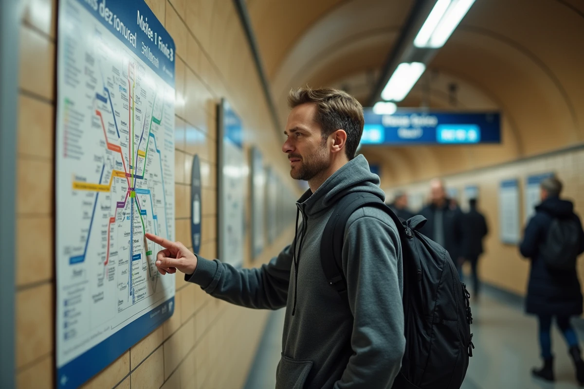 Homme consultant un plan de métro dans un couloir de correspondance RER et ligne 14 à Paris