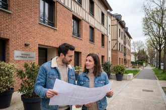 Jeune couple regardant des plans devant un immeuble neuf à Nantes