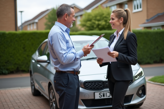 Couple avec documents d'assurance devant une voiture moderne