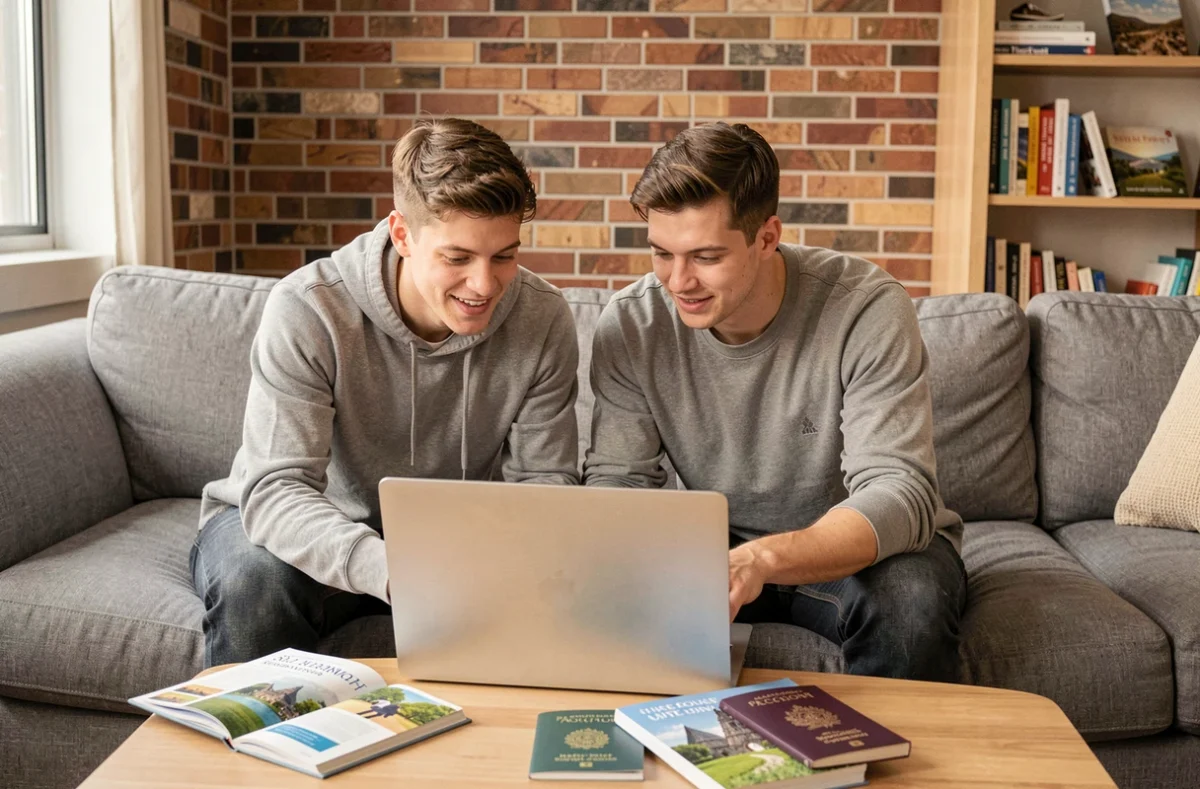 Couple comparant des offres d'assurance voyage sur un ordinateur portable avant leur départ