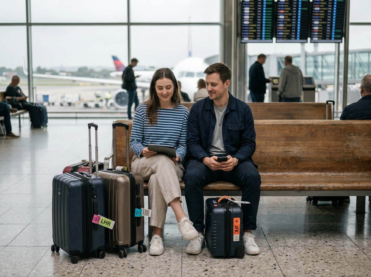Couple en partance pour plusieurs mois à l'étranger assis dans un hall d'aéroport avec leurs bagages