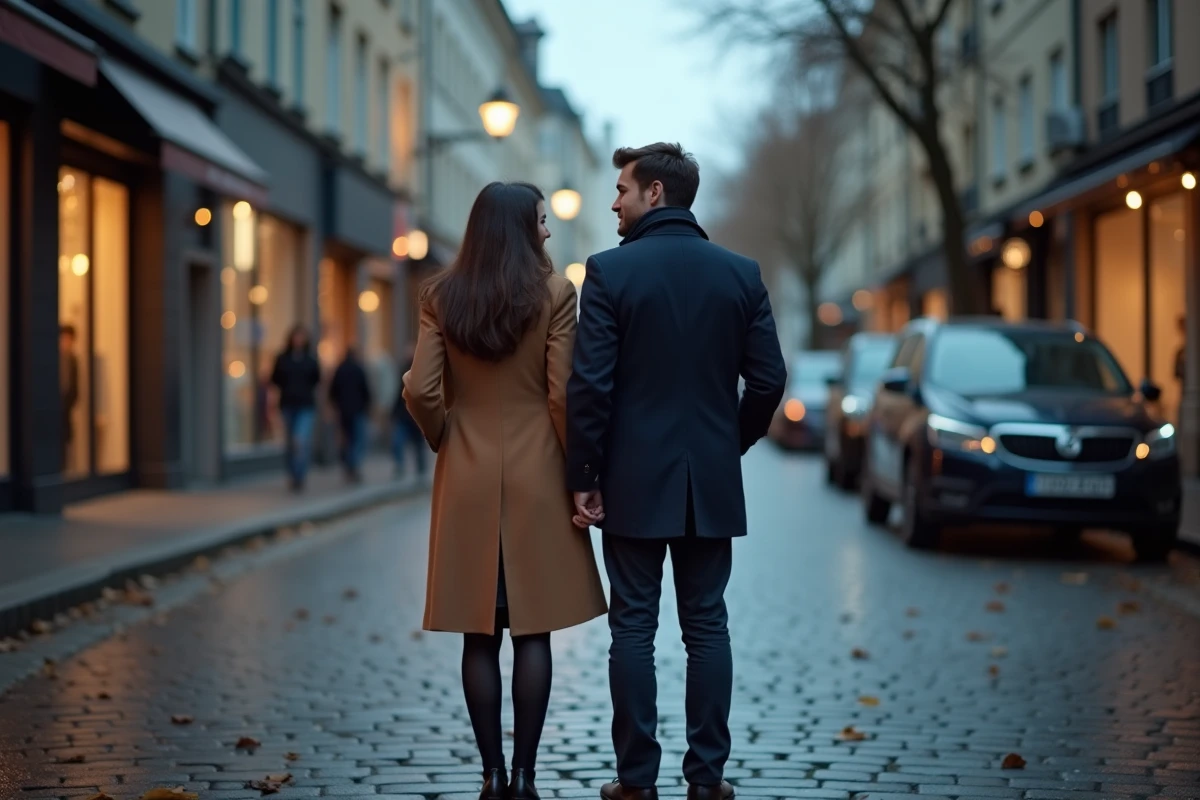 Couple distant dans une rue urbaine en automne symbolisant une rupture ou une crise relationnelle