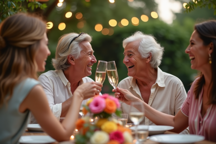 Couple élégant souriant lors d'une fête en plein air avec champagne