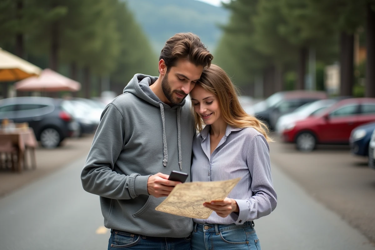 Couple consultant une carte et un smartphone pour organiser leur tournée de vide greniers en Savoie le week-end