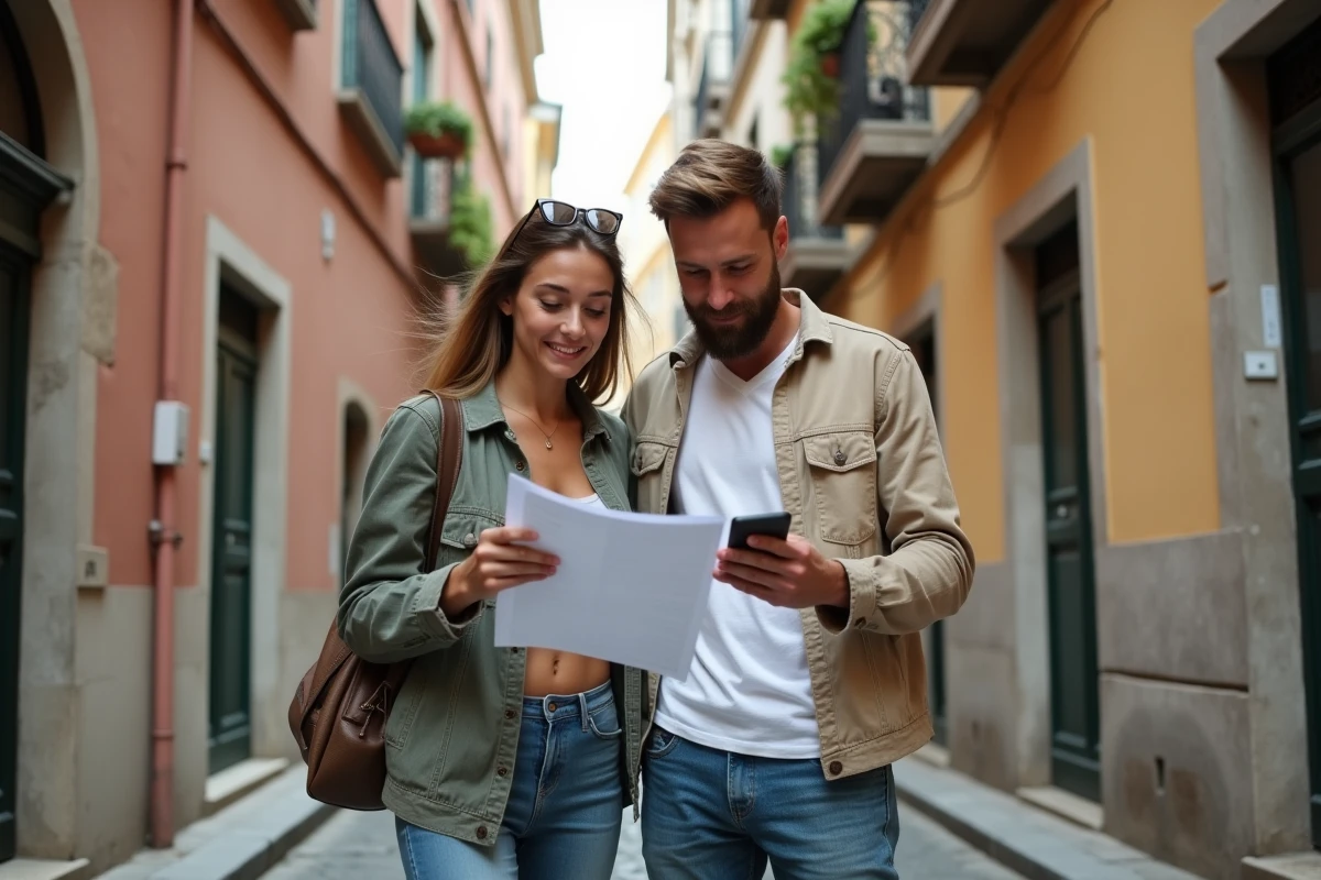 Couple consultant des annonces immobilières devant un immeuble typique en Italie pour un achat ou une location