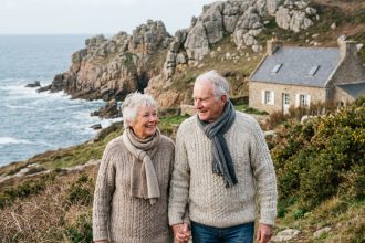 Couple retraités en Bretagne sur la côte avec falaises