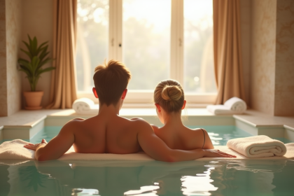 Couple se relaxant dans un spa parisien lumineux et chaleureux