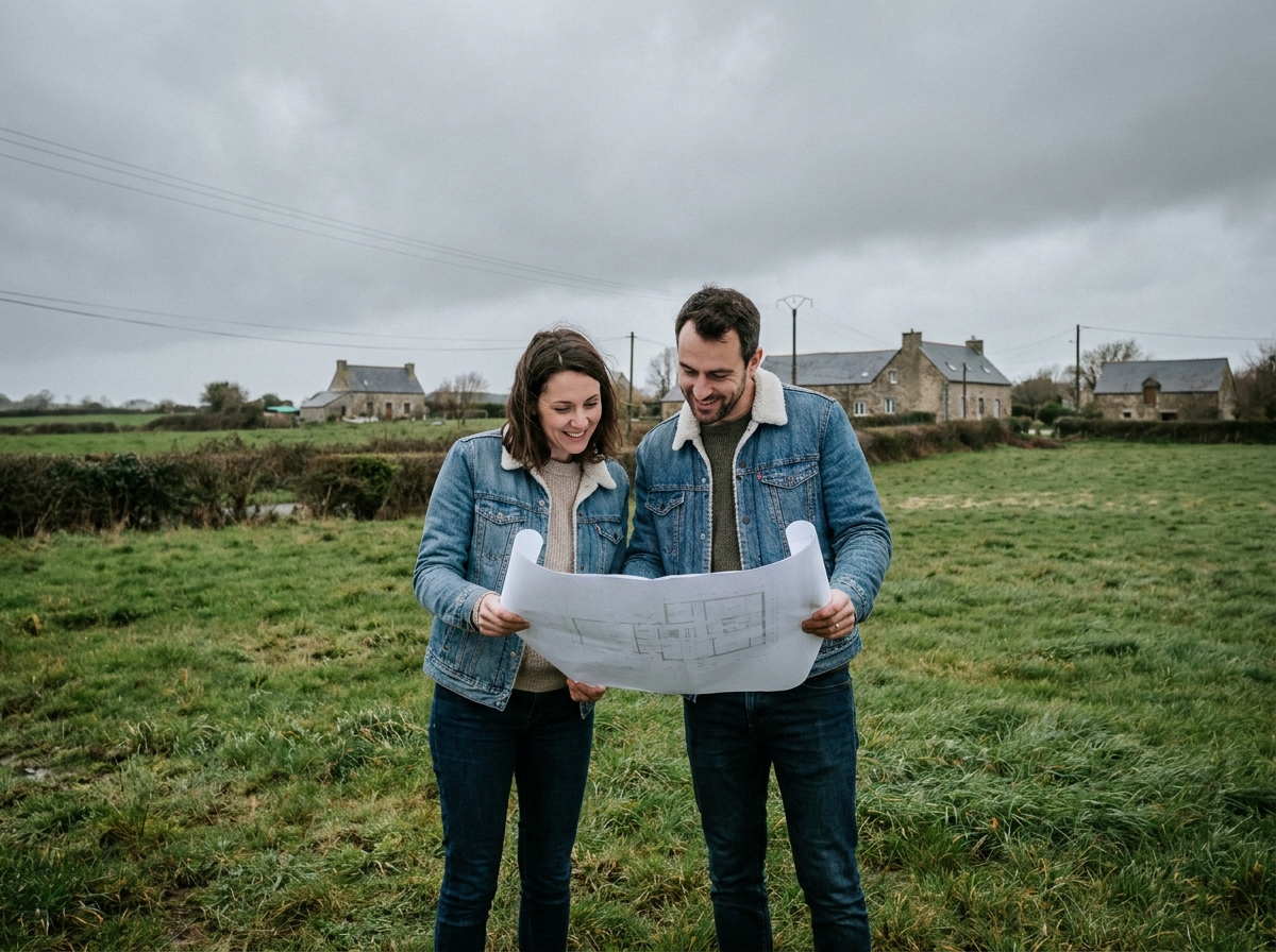 Couple examinant des plans d'architecte sur un terrain à vendre en périphérie de Rennes avant la construction d'une maison