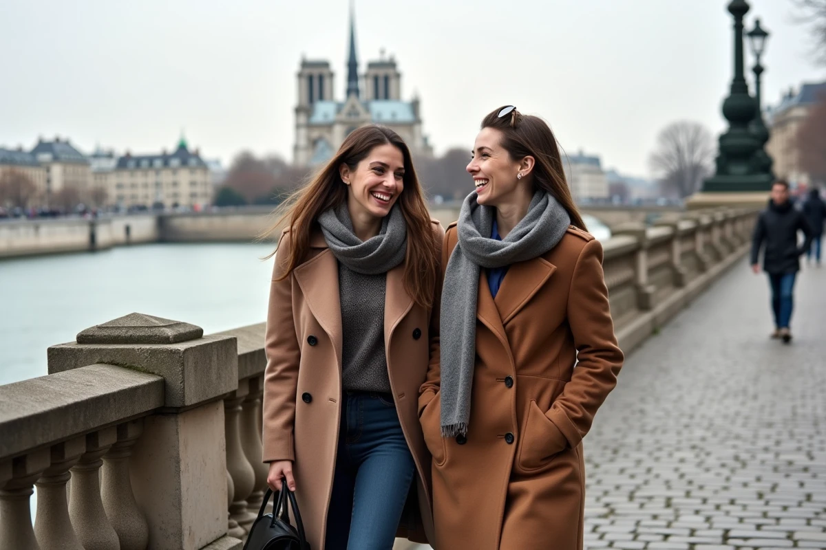 Couple transgenre se promenant au bord de la Seine à Paris, illustrant une relation trans épanouie et sérieuse en France