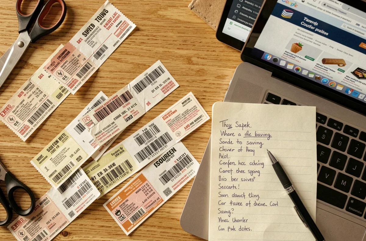 Vue aérienne de coupons de réduction imprimés expirés éparpillés sur un bureau avec ciseaux et ordinateur