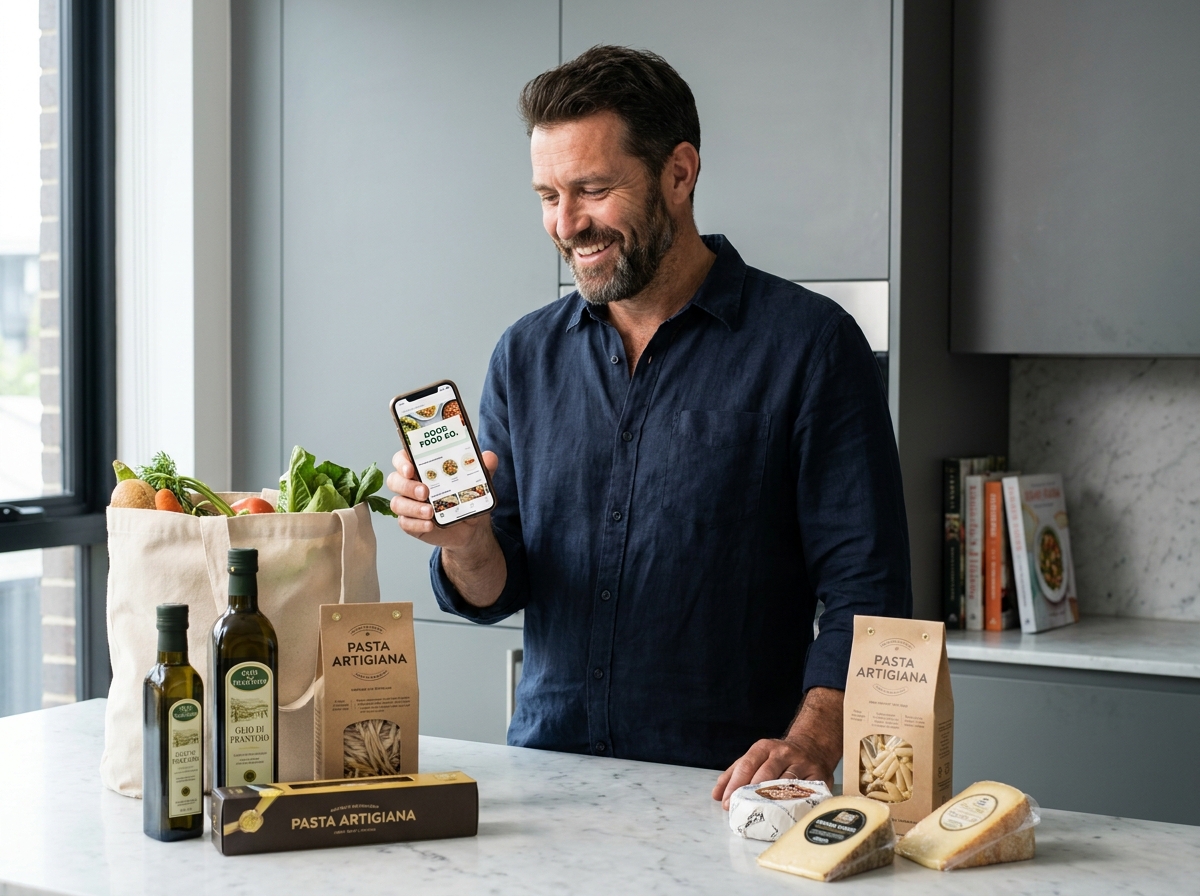 Homme consultant une application de courses gourmandes en ligne avec des produits artisanaux posés sur un comptoir de cuisine moderne