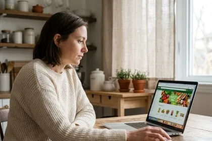 Femme faisant ses courses alimentaires en ligne sur un ordinateur portable dans une cuisine chaleureuse