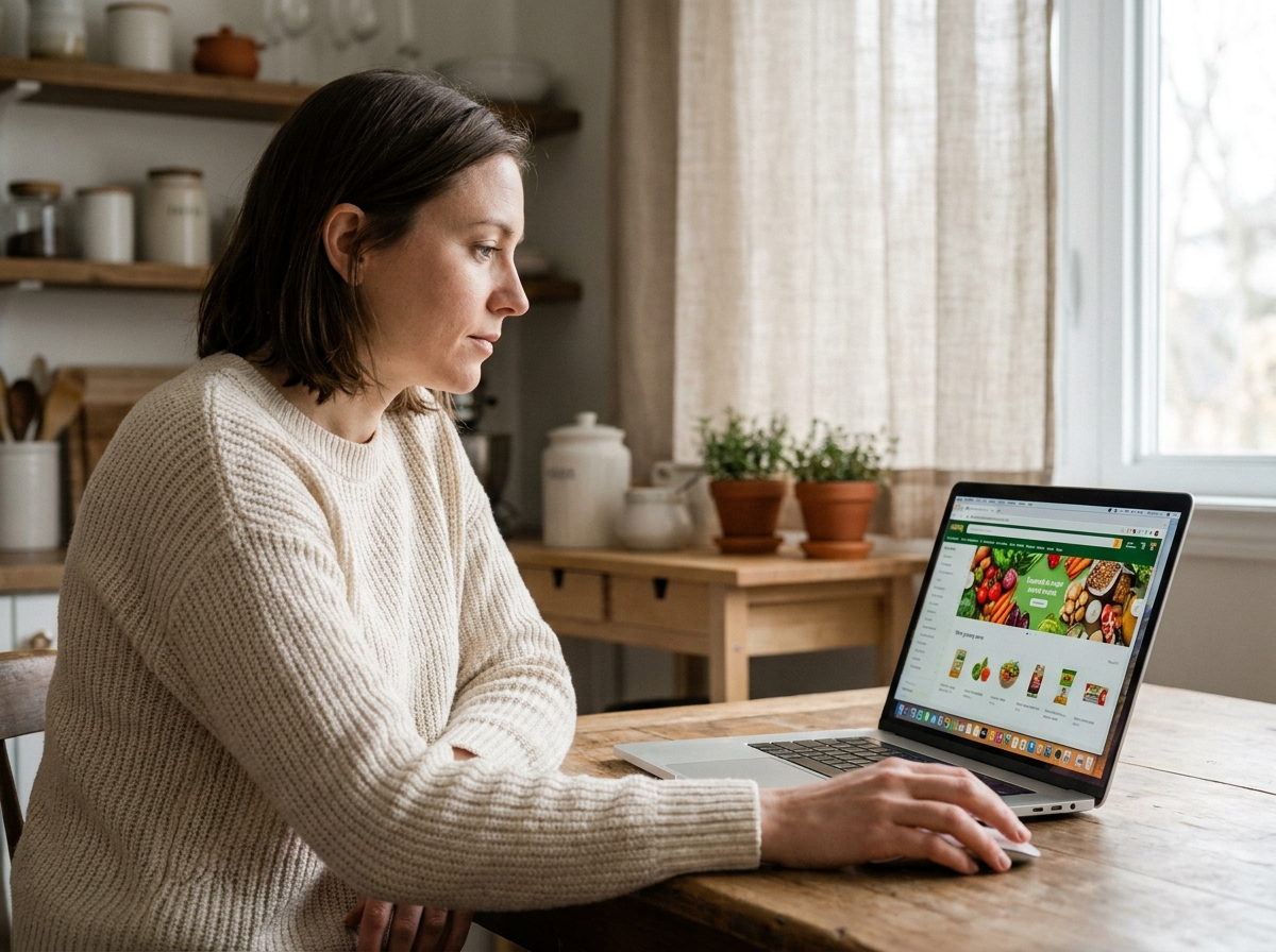 Femme faisant ses courses alimentaires en ligne sur un ordinateur portable dans une cuisine chaleureuse