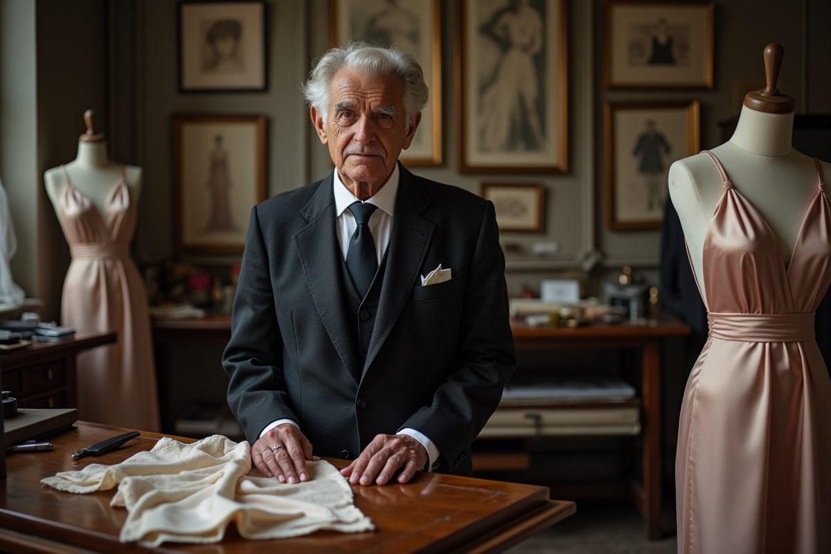 Couturier âgé en atelier avec mannequin et tissus