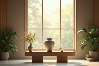 Intérieur moderne d'un crematorium avec urne et fleurs