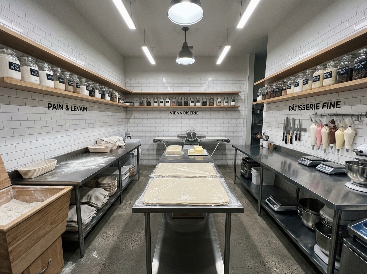 Cuisine de préparation d'une boulangerie-pâtisserie artisanale avec trois espaces de travail distincts et organisés : pain, viennoiserie et pâtisserie fine