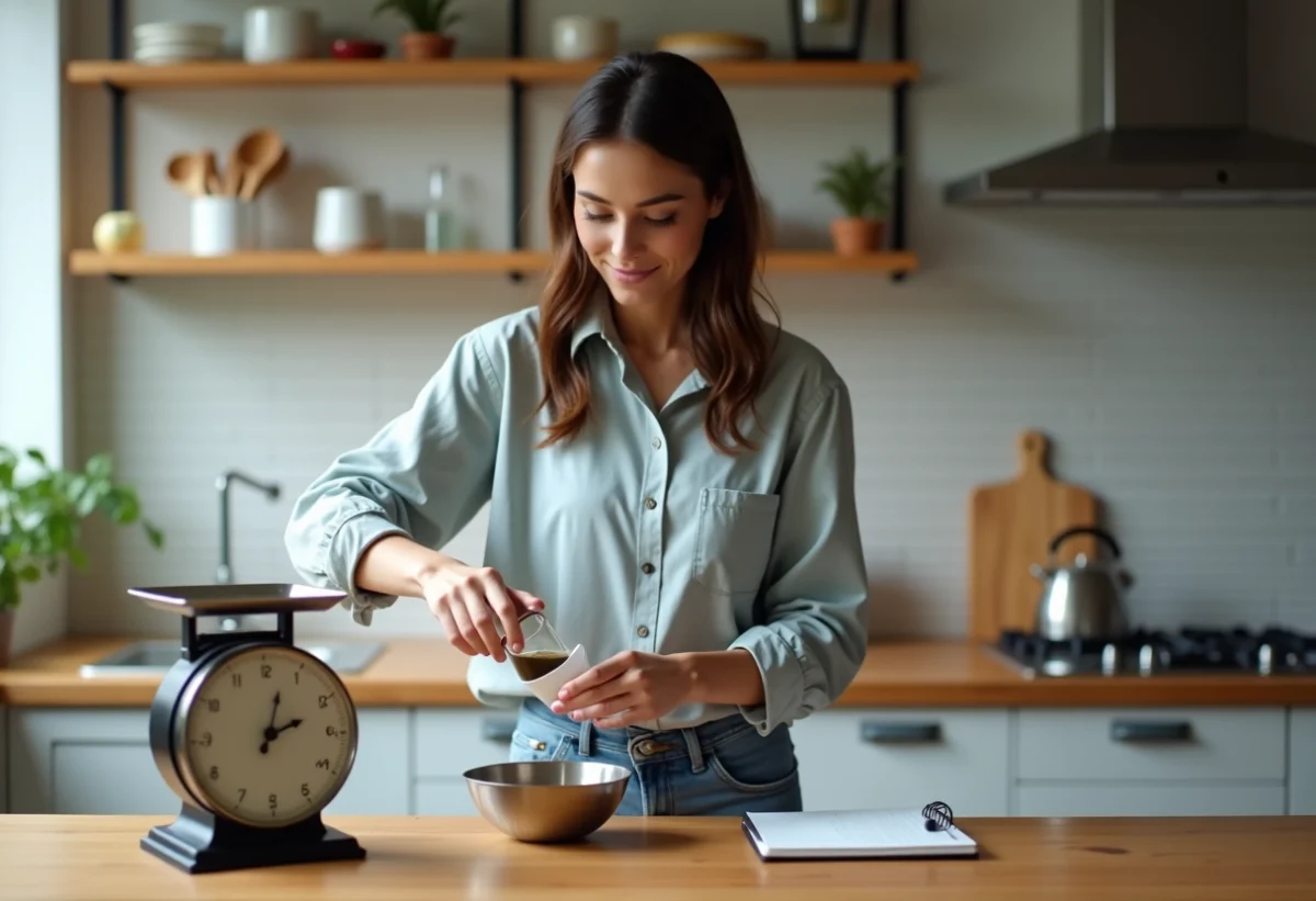 Jeune femme en tenue casual cuisine verse un liquide