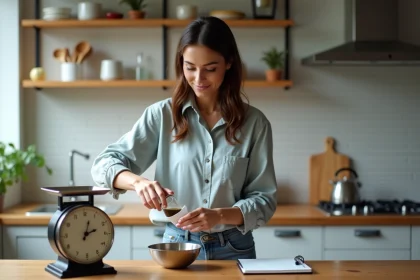 Jeune femme en tenue casual cuisine verse un liquide
