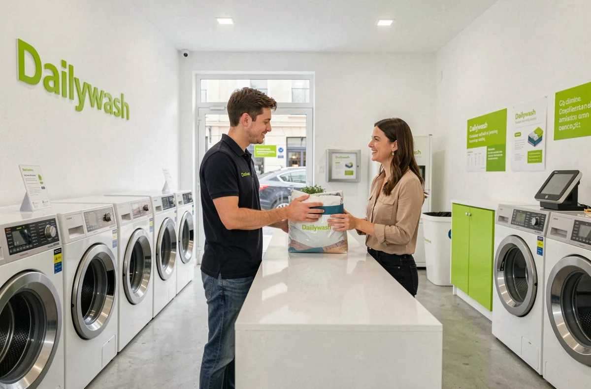 Employé de Dailywash remettant un sac de linge propre à une cliente dans la boutique moderne